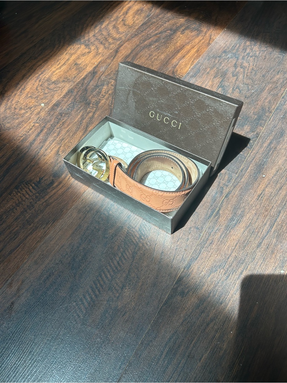 Gucci Tan Embossed Leather Belt with Gold Double G Buckle